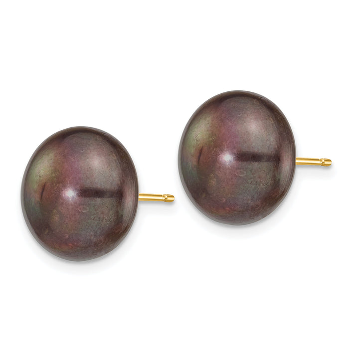 14k 12-13mm Black Button FW Cultured Pearl Stud Post Earrings-X120BB
