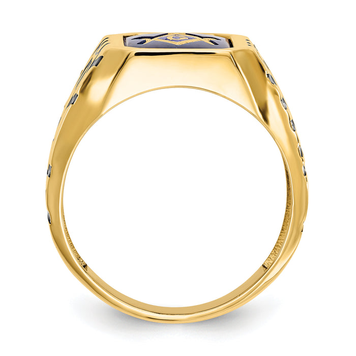 14k Men's Polished, Antiqued and Grooved w/ Imit. Blue Spinel Masonic Ring-X27