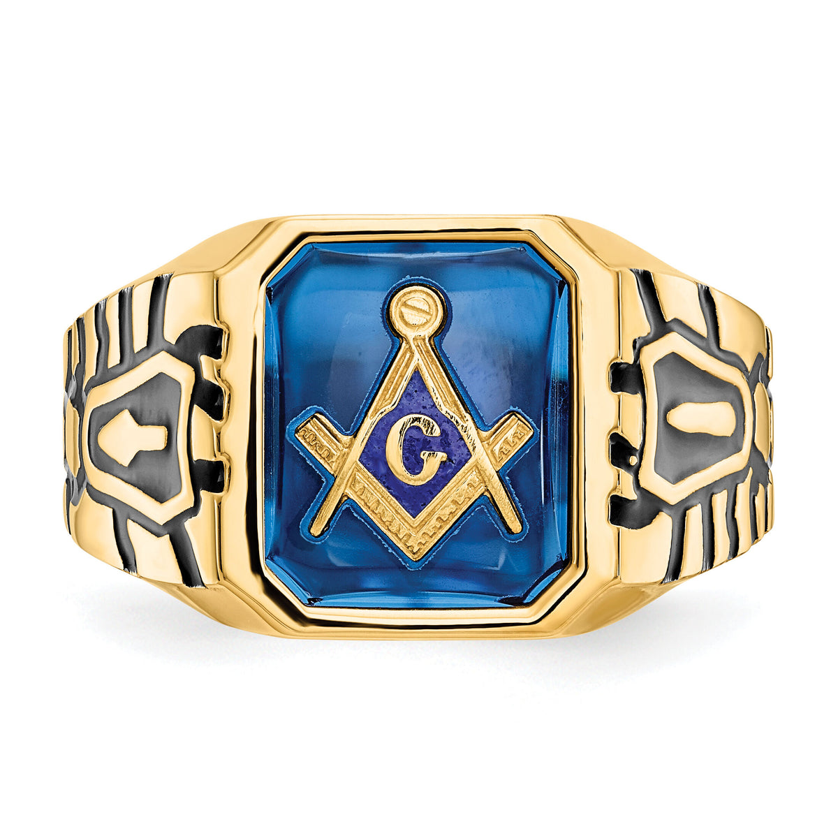 14k Men's Polished, Antiqued and Grooved w/ Imit. Blue Spinel Masonic Ring-X27