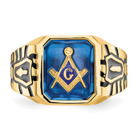 14k Men's Polished, Antiqued and Grooved w/ Imit. Blue Spinel Masonic Ring-X27