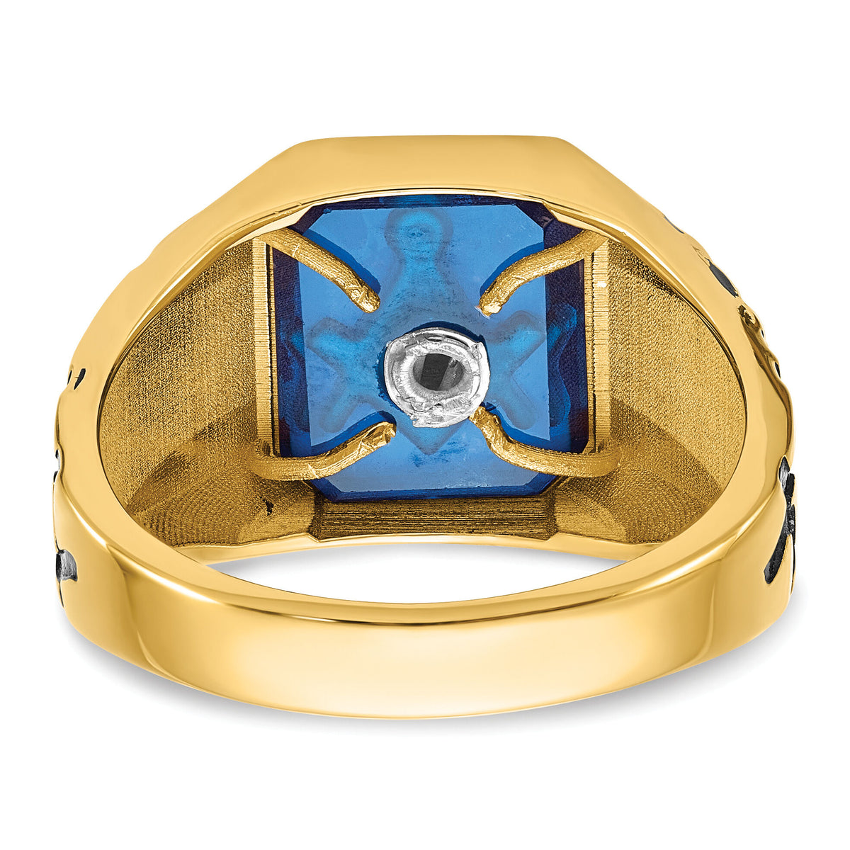 14k Men's Polished, Antiqued and Grooved w/ Imit. Blue Spinel Masonic Ring-X27