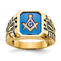 14k Men's Polished, Antiqued and Grooved w/ Imit. Blue Spinel Masonic Ring-X27