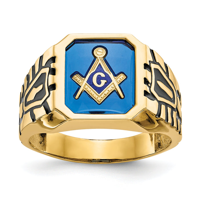 14k Men's Polished, Antiqued and Grooved w/ Imit. Blue Spinel Masonic Ring-X27