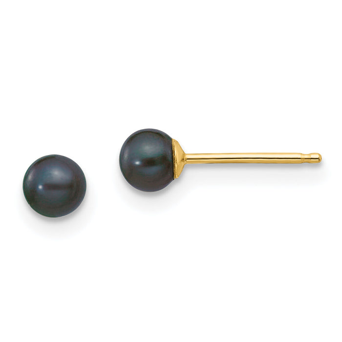 14k 3-4mm Black Round Freshwater Cultured Pearl Stud Post Earrings-X30PB