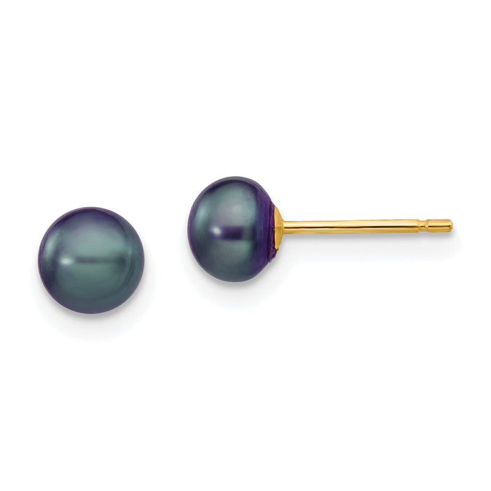 14k 5-6mm Black Button FW Cultured Pearl Stud Post Earrings-X50BB
