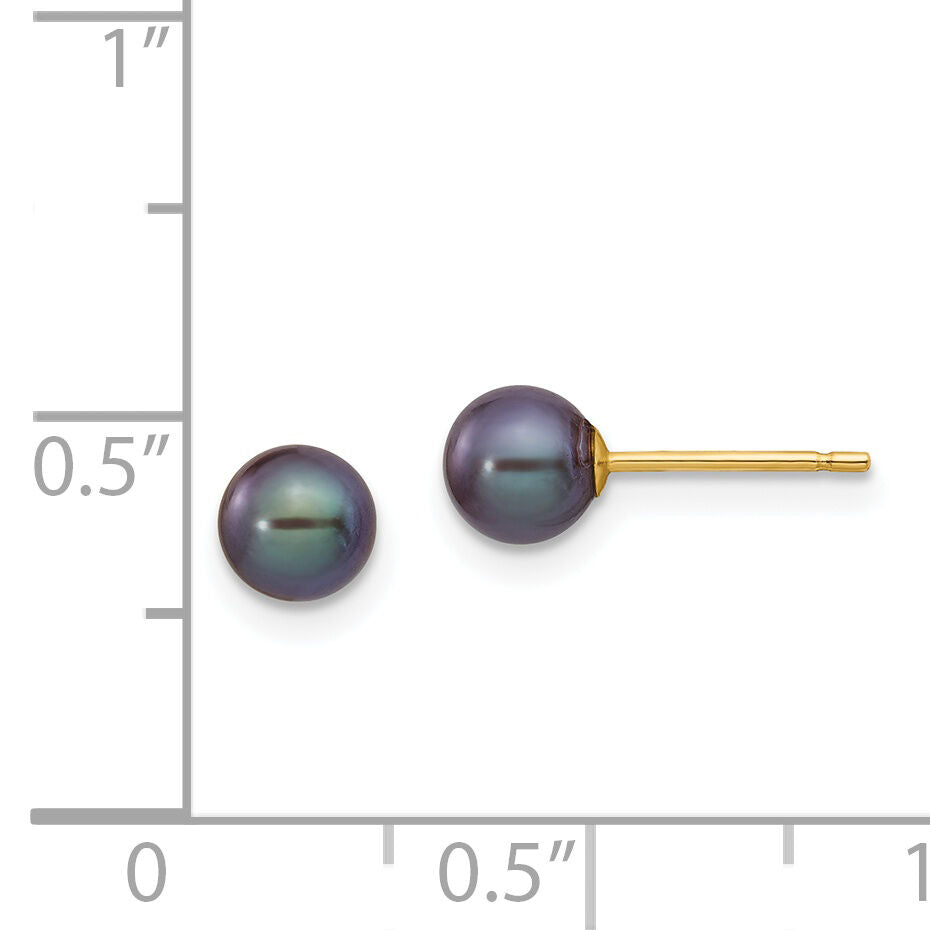 14k 5-6mm Black Round Freshwater Cultured Pearl Stud Post Earrings-X50PB