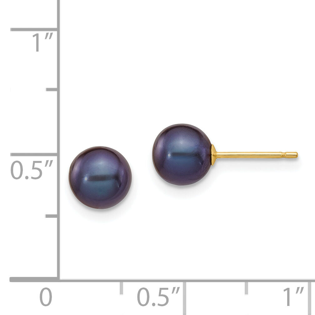 14k 6-7mm Black Round Freshwater Cultured Pearl Stud Post Earrings-X60PB