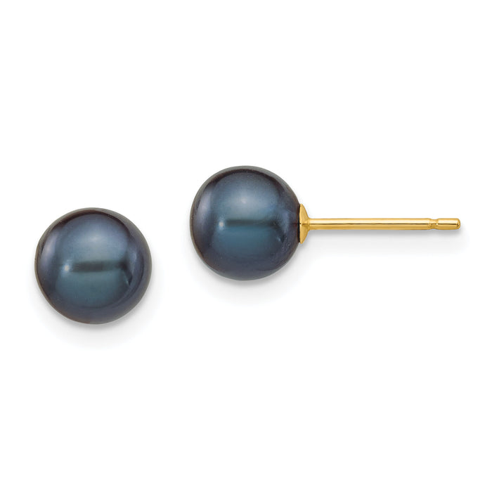 14k 6-7mm Black Round Freshwater Cultured Pearl Stud Post Earrings-X60PB