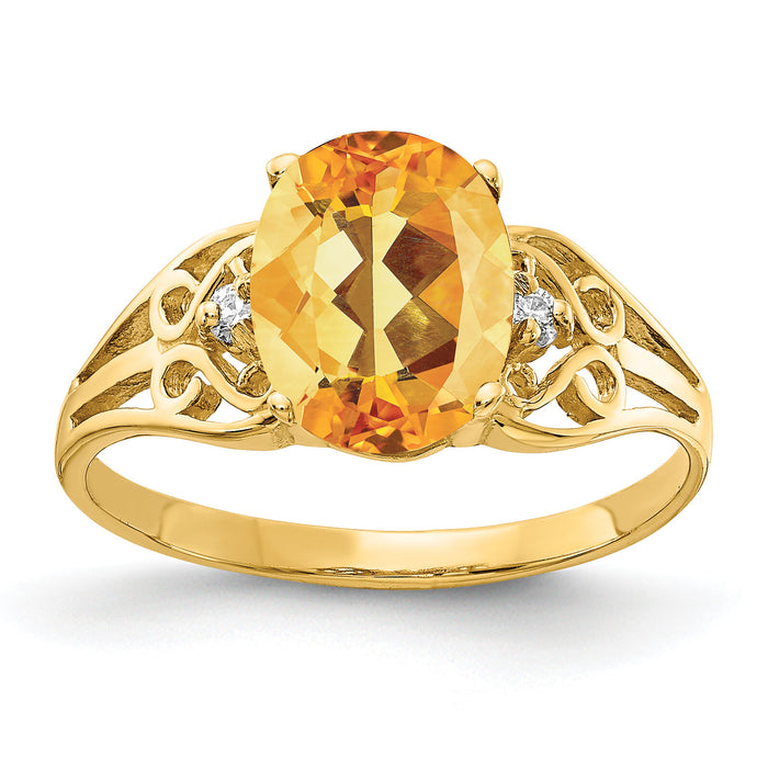 14k 9x7mm Oval Citrine AA Diamond ring-X6106CI/AA