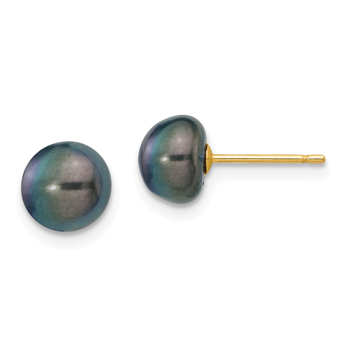 14k 7-8mm Black Button FW Cultured Pearl Stud Post Earrings-X70BB