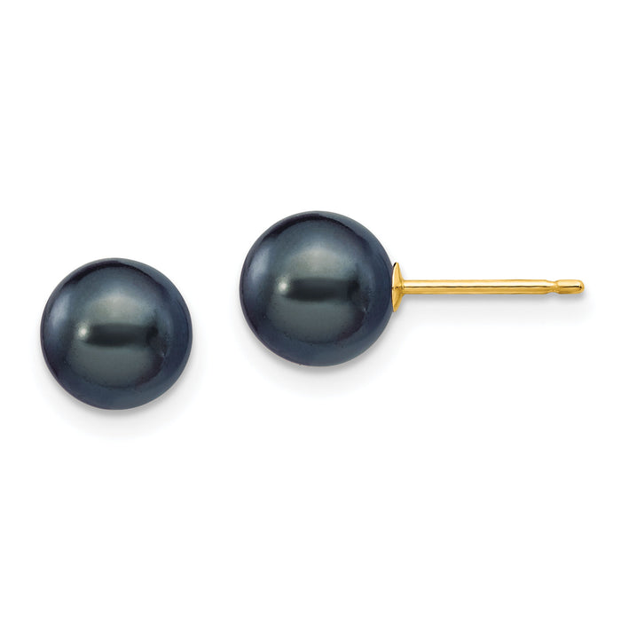 14k 7-8mm Black Round Freshwater Cultured Pearl Stud Post Earrings-X70PB