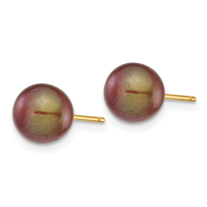14k 7-8mm Brown Round Freshwater Cultured Pearl Stud Post Earrings-X70PC