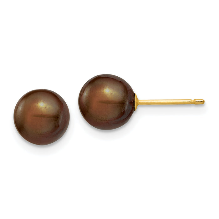 14k 7-8mm Brown Round Freshwater Cultured Pearl Stud Post Earrings-X70PC