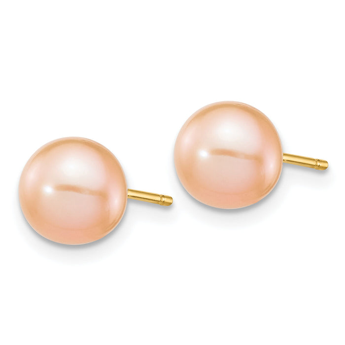 14k 7-8mm Pink Round Freshwater Cultured Pearl Stud Post Earrings-X70PPI