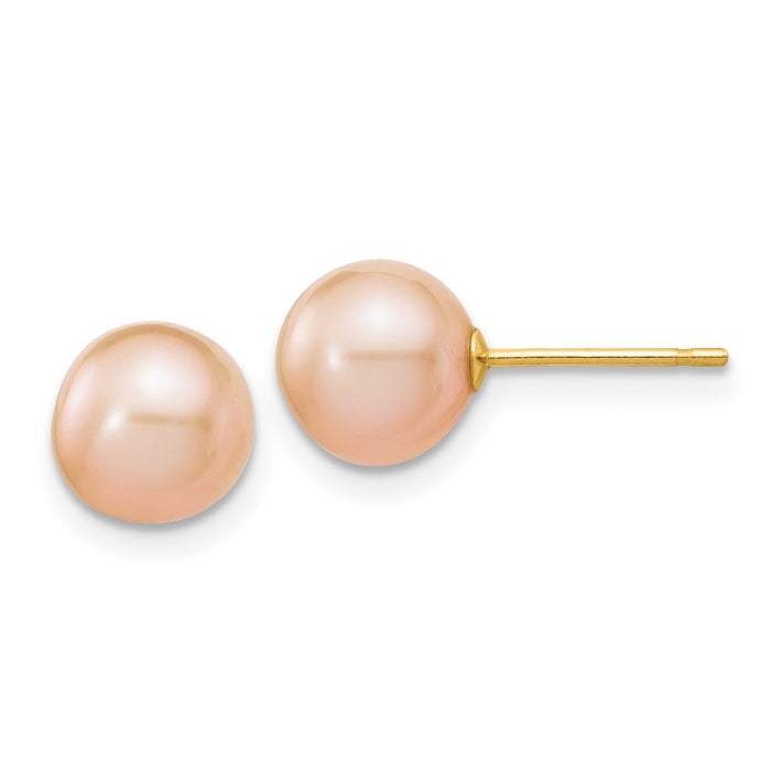 14k 7-8mm Pink Round Freshwater Cultured Pearl Stud Post Earrings-X70PPI