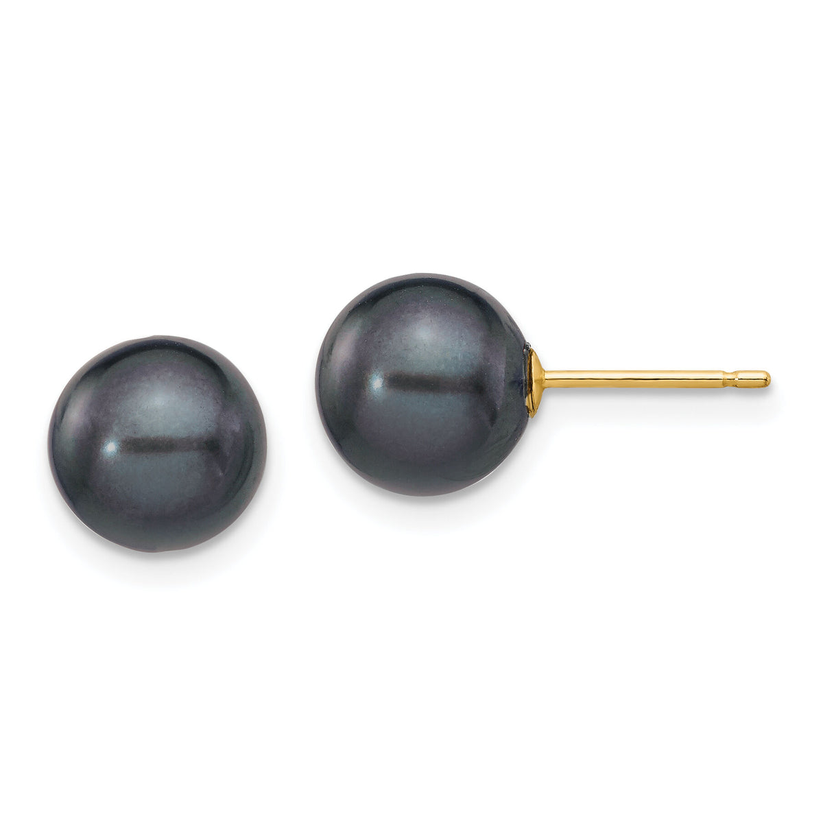 14k 8-9mm Black Round Freshwater Cultured Pearl Stud Post Earrings-X80PB