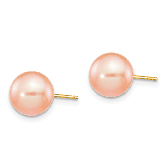 14k 8-9mm Pink Round Freshwater Cultured Pearl Stud Post Earrings-X80PPI