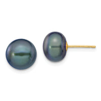14k 9-10mm Black Button FW Cultured Pearl Stud Post Earrings-X90BB
