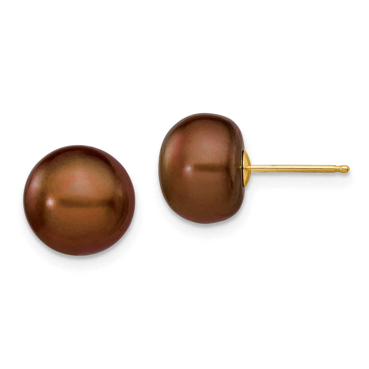 14k 9-10mm Brown Button Freshwater Cultured Pearl Stud Post Earrings-X90BC