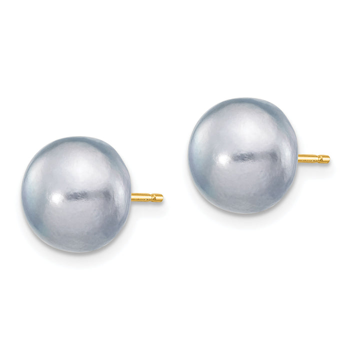 14k 9-10mm Grey Button FW Cultured Pearl Stud Post Earrings-X90BG