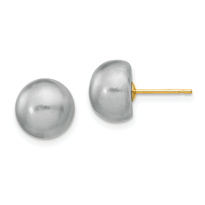 14k 9-10mm Grey Button FW Cultured Pearl Stud Post Earrings-X90BG