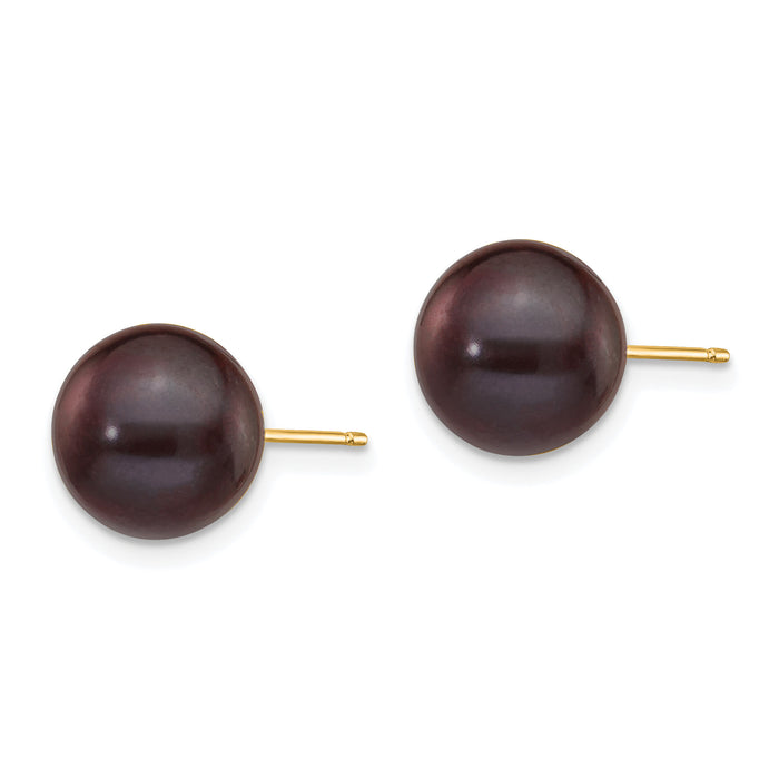 14k 9-10mm Black Round Freshwater Cultured Pearl Stud Post Earrings-X90PB