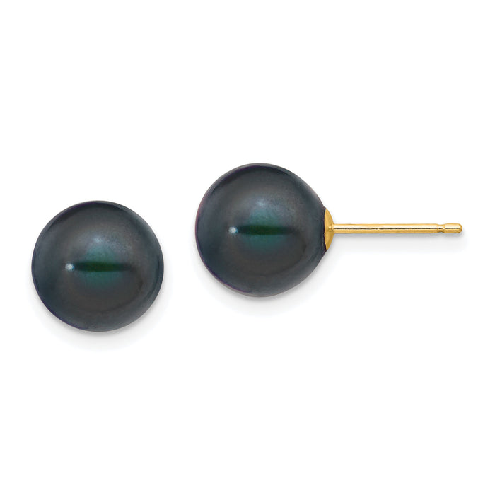 14k 9-10mm Black Round Freshwater Cultured Pearl Stud Post Earrings-X90PB