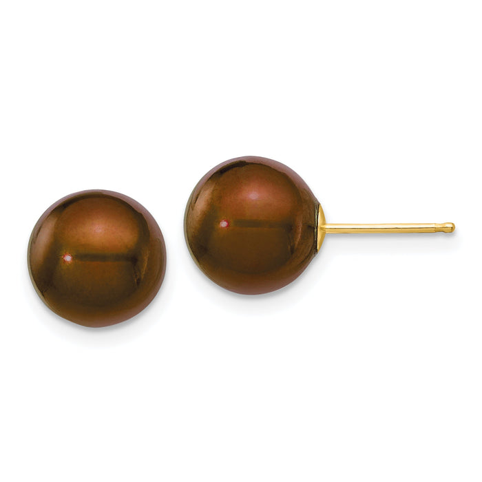 14k 9-10mm Brown Round Freshwater Cultured Pearl Stud Post Earrings-X90PC