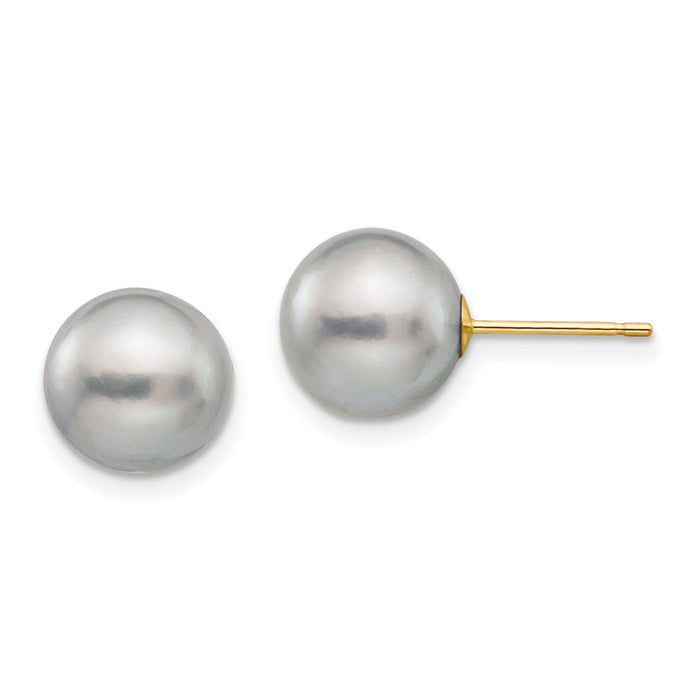 14k 9-10mm Grey Round Freshwater Cultured Pearl Stud Post Earrings-X90PG