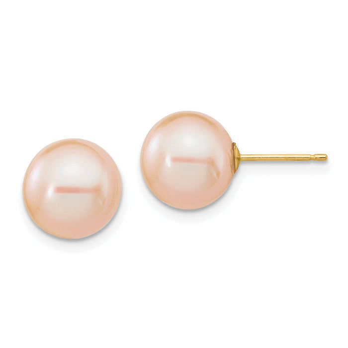 14k 9-10mm Pink Round Freshwater Cultured Pearl Stud Post Earrings-X90PPI
