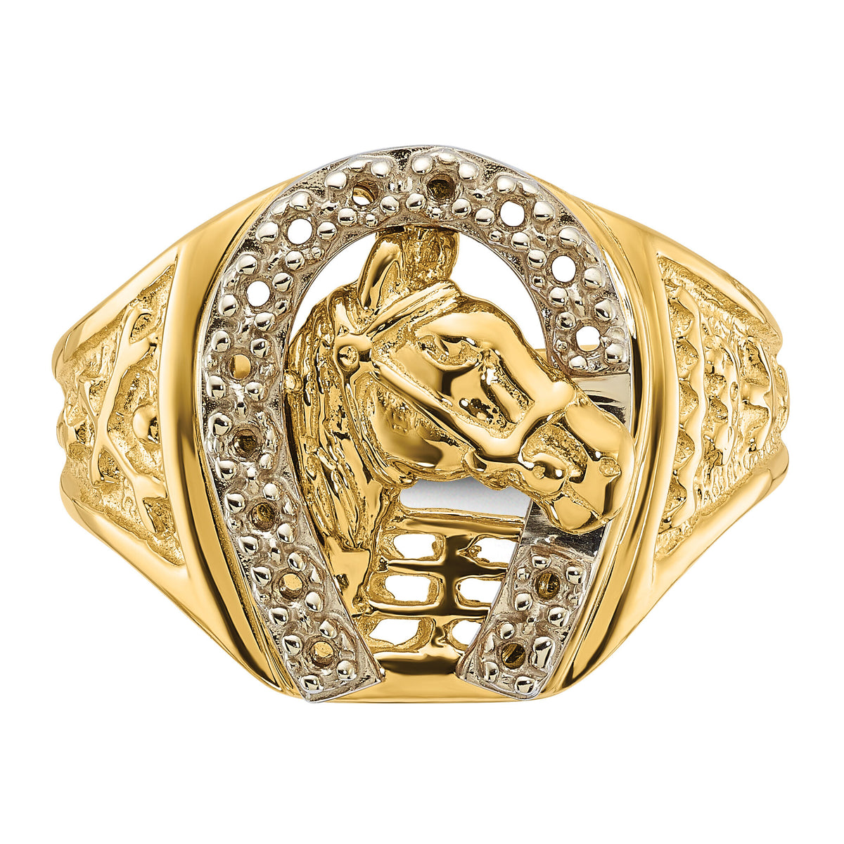 14k Two-Tone Mens Horseshoe with Horse in Center Ring Mounting-X9464