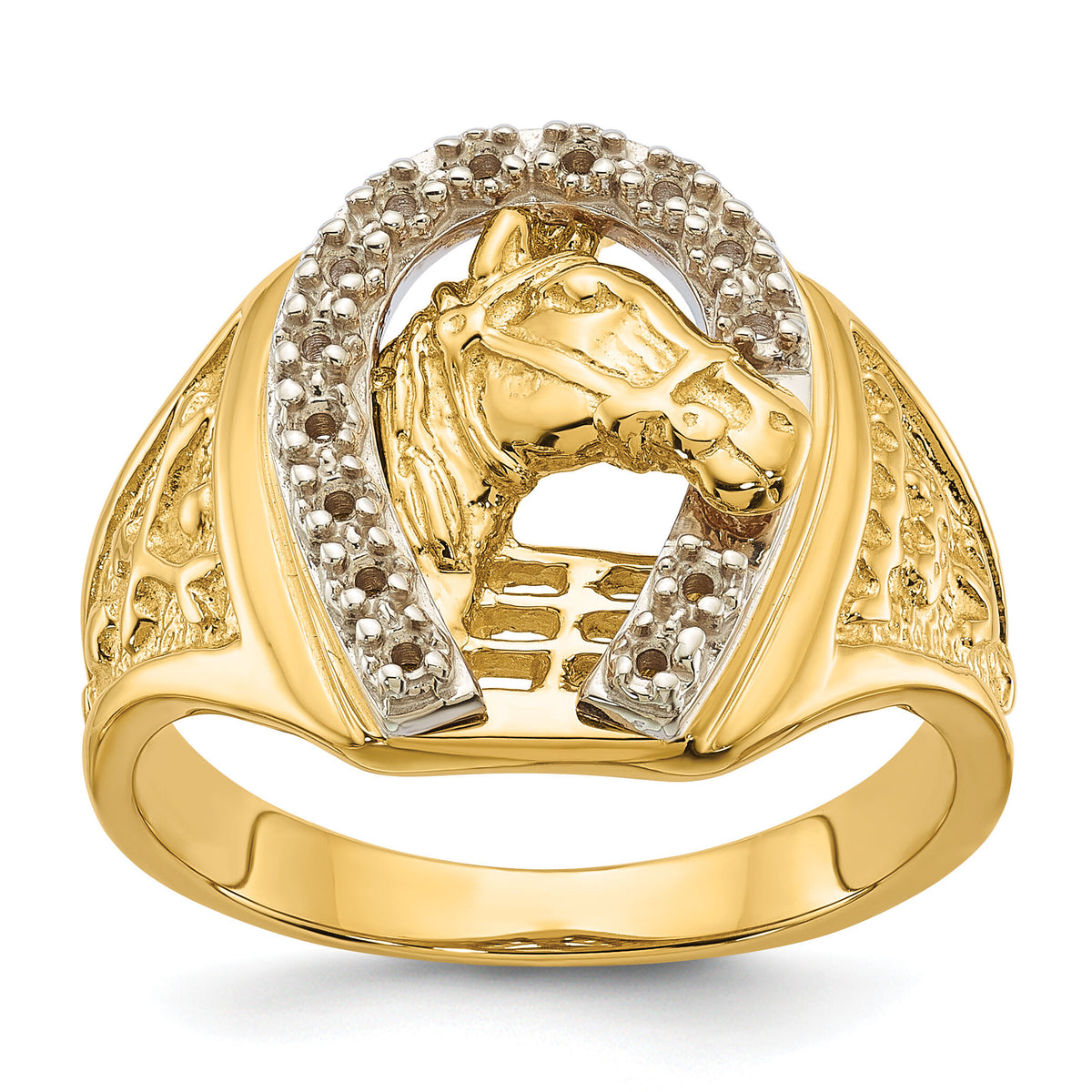 14k Two-Tone Mens Horseshoe with Horse in Center Ring Mounting-X9464