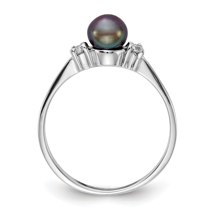 14k White Gold 5mm Black FW Cultured Pearl AA Diamond Ring-X9742BP/AA