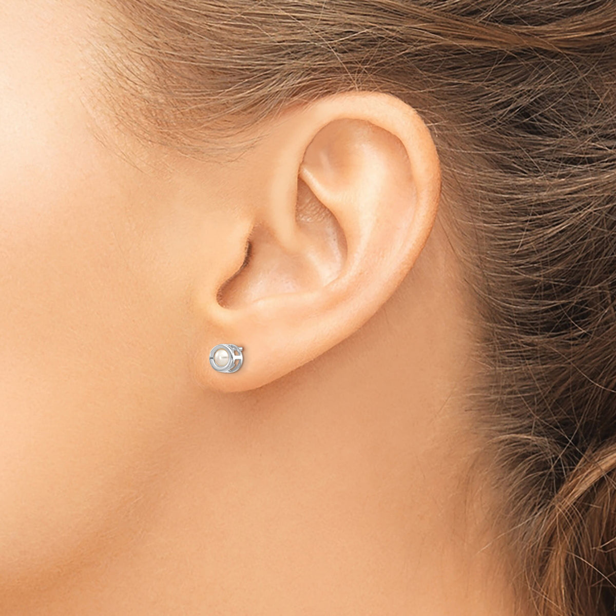 14k White Gold 4mm Bezel June/FW Cultured Pearl Post Earrings-XBE246