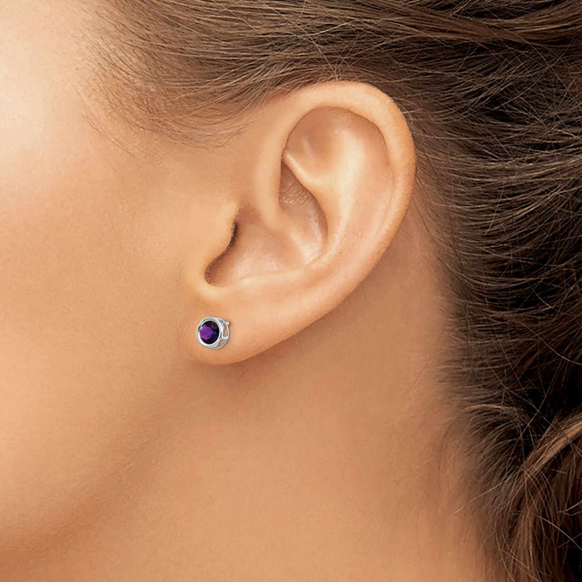 14k White Gold 5mm Bezel Amethyst Stud Earrings-XBE254