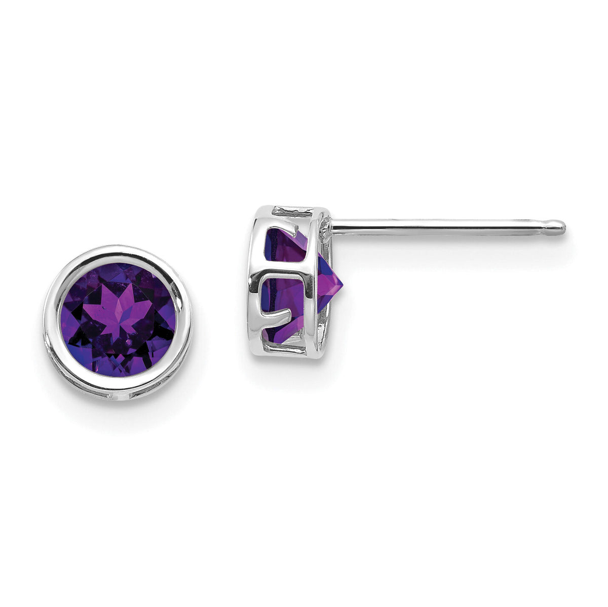 14k White Gold 5mm Bezel Amethyst Stud Earrings-XBE254