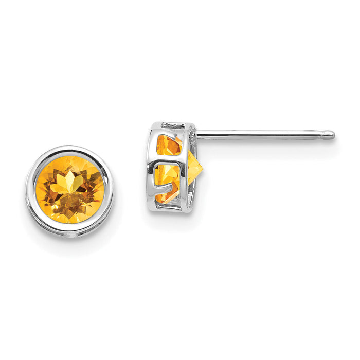 14k White Gold 5mm Bezel Citrine Stud Earrings-XBE263