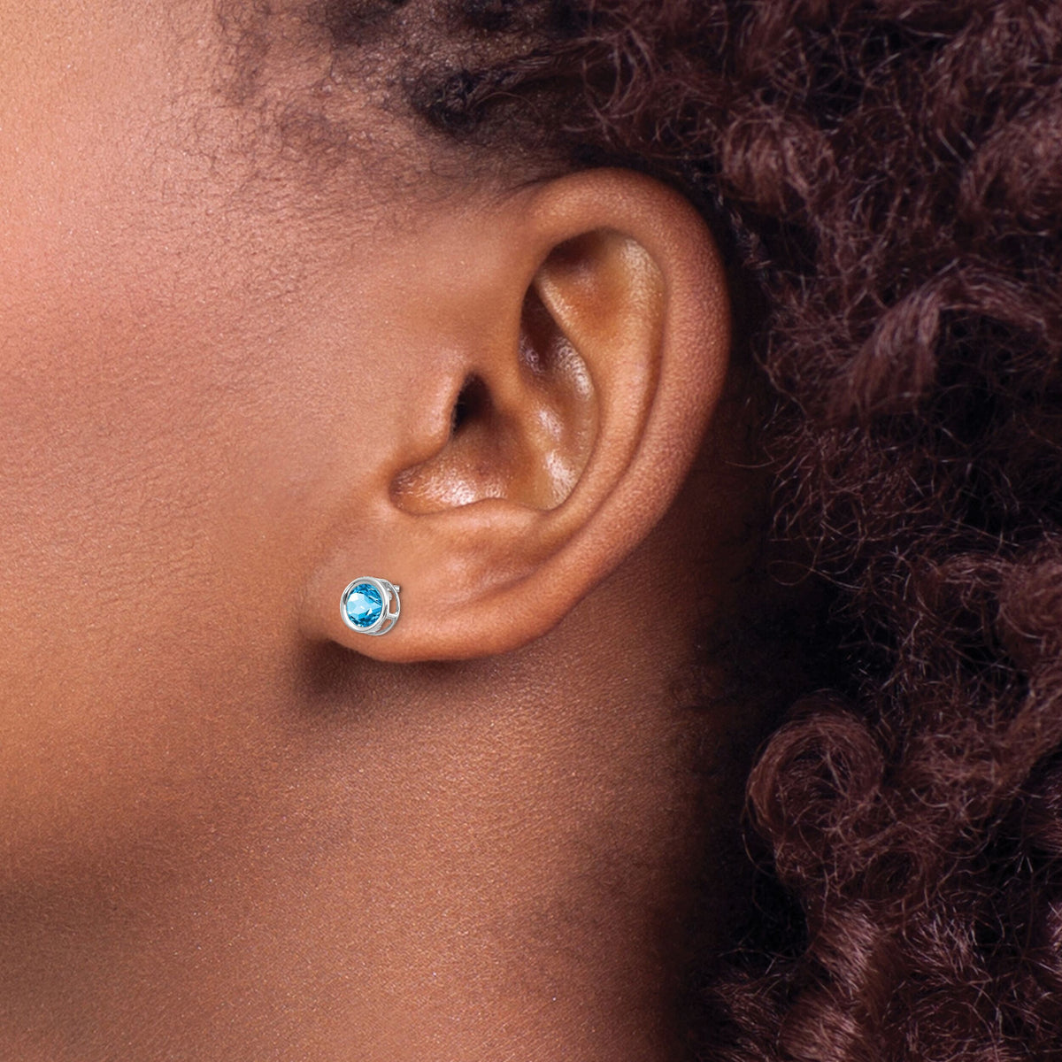 14k White Gold 5mm Bezel Blue Topaz Stud Earrings-XBE264