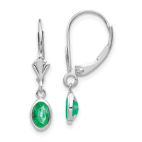 14k White Gold 6x4 Oval Bezel May/Emerald Leverback Earrings-XBE293