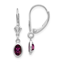 14k White Gold 6x4 Oval Bezel June/Rhodolite Leverback Earrings-XBE294