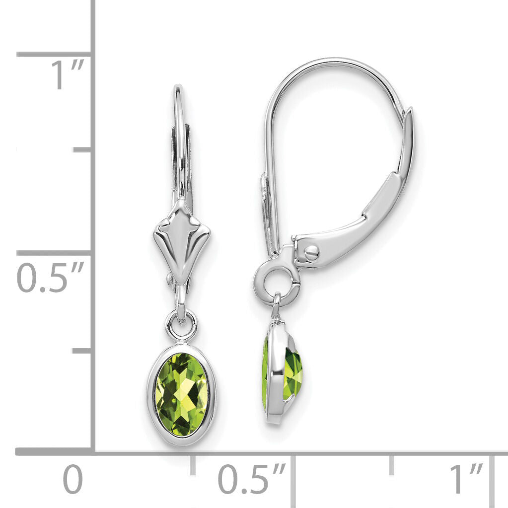 14k White Gold 6x4 Oval Bezel August/Peridot Leverback Earrings-XBE296