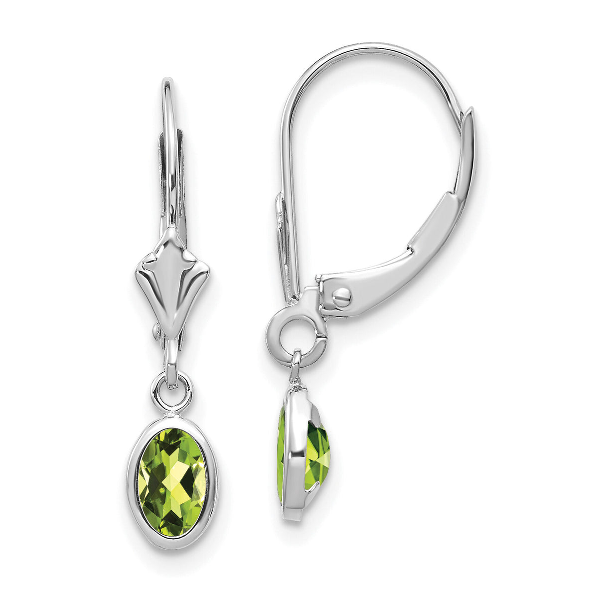 14k White Gold 6x4 Oval Bezel August/Peridot Leverback Earrings-XBE296