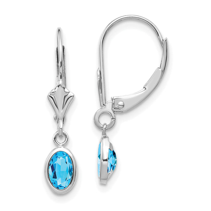 14k White Gold 6x4 Oval Bezel December/Blue Topaz Leverback Earrings-XBE300