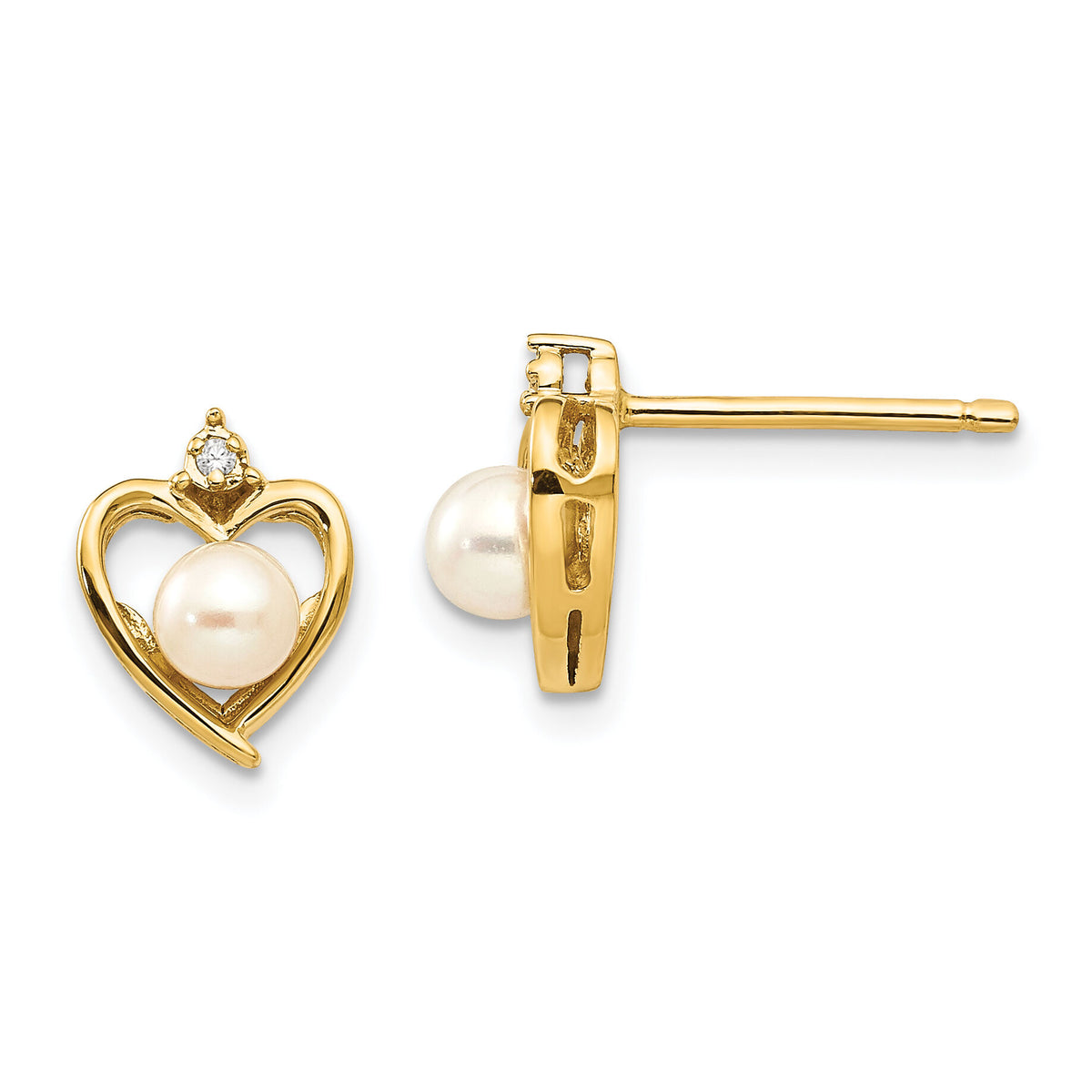 14k FW Cultured Pearl and Diamond Heart Earrings-XBS490