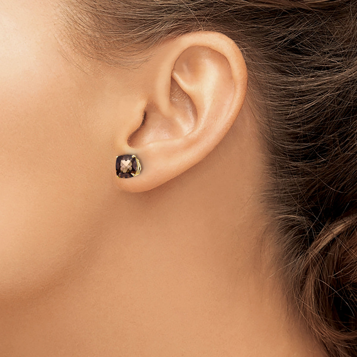 14k 7mm Cushion Checker-Cut Smoky Quartz Earring-XE108CQ