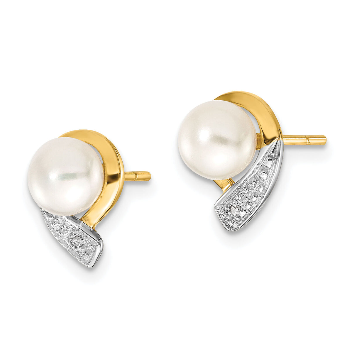 14k 5-6mm White Button FWC Pearl .01ct Diamond Post Earrings-XE1786P/A