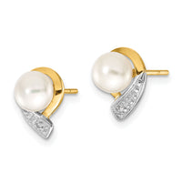 14k 5-6mm White Button FWC Pearl .01ct Diamond Post Earrings-XE1786P/A
