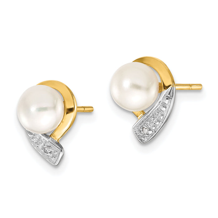 14k 5-6mm White Button FWC Pearl .01ct Diamond Post Earrings-XE1786P/A
