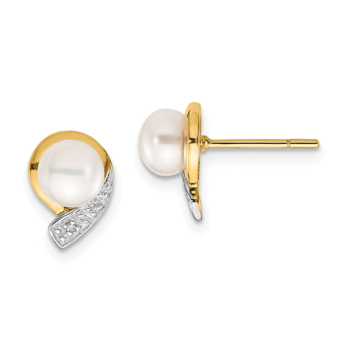 14k 5-6mm White Button FWC Pearl .01ct Diamond Post Earrings-XE1786P/A