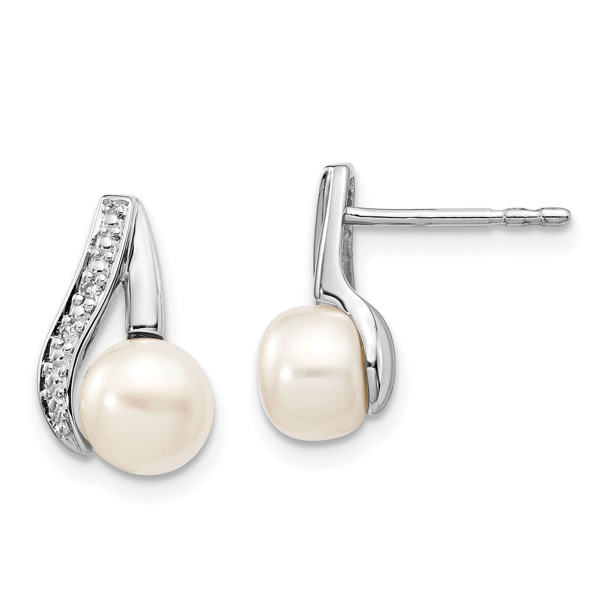 14k White Gold 6-7mm Button FWC Pearl .02ct Diamond Post Earrings-XE1789P/A